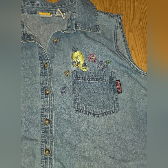 Vtg Tweety Bird Embroidered Denim Shirt Sleeveless Size 18/20W Looney Tunes - Picture 3 of 7